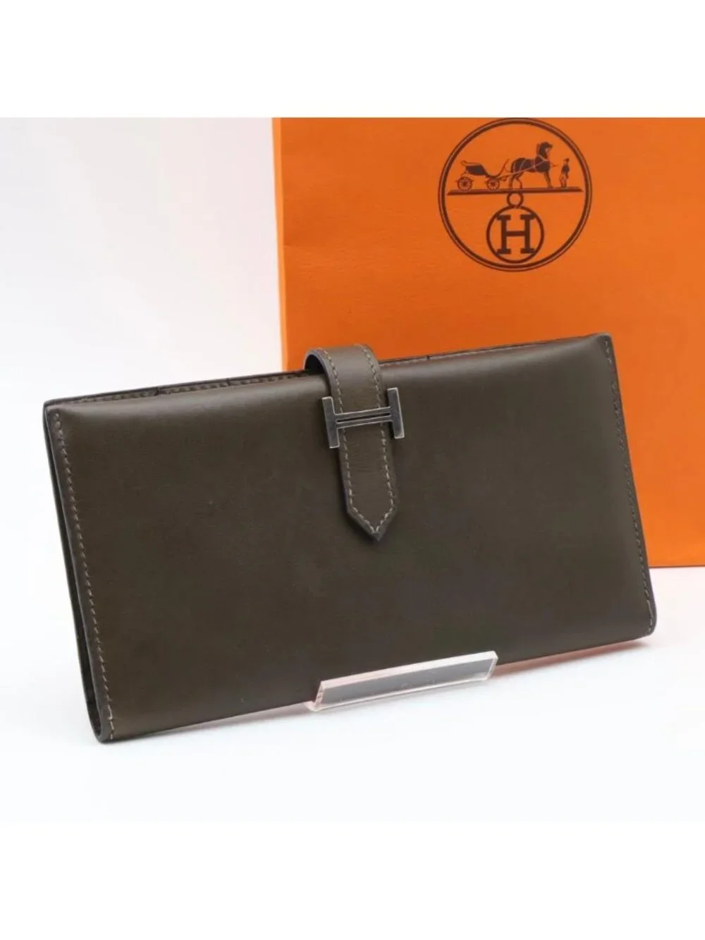 Hermes Bearn Classic Box Calf Khaki Silver Wallet